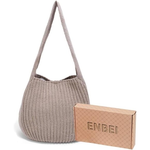 Women's Khaki Shoulder Handbags Crocheted Bags Large Knit Bag Tote Bag - Picture 3 of 9
